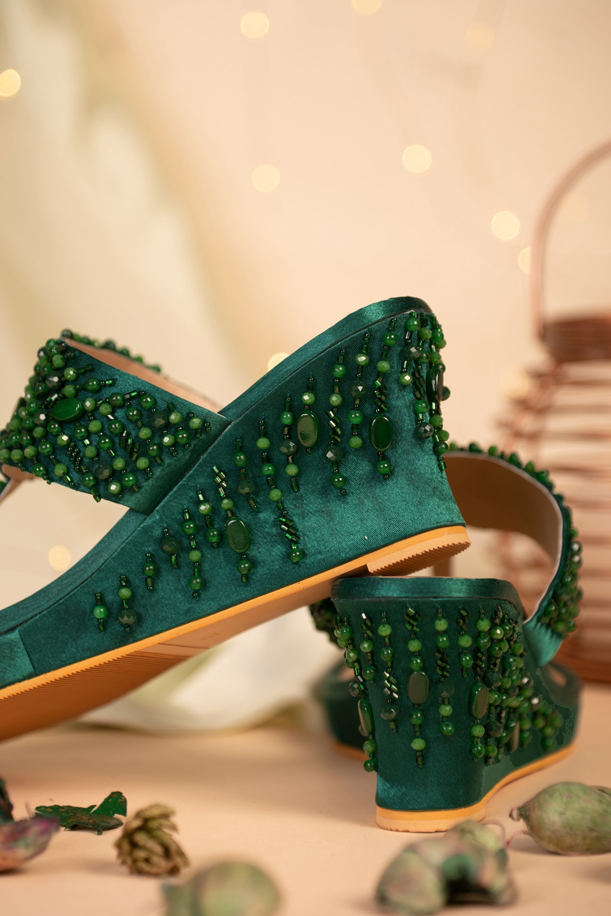 Green Embroidered Wedge Heels by House of Vian at Pernia's Pop Up Shop