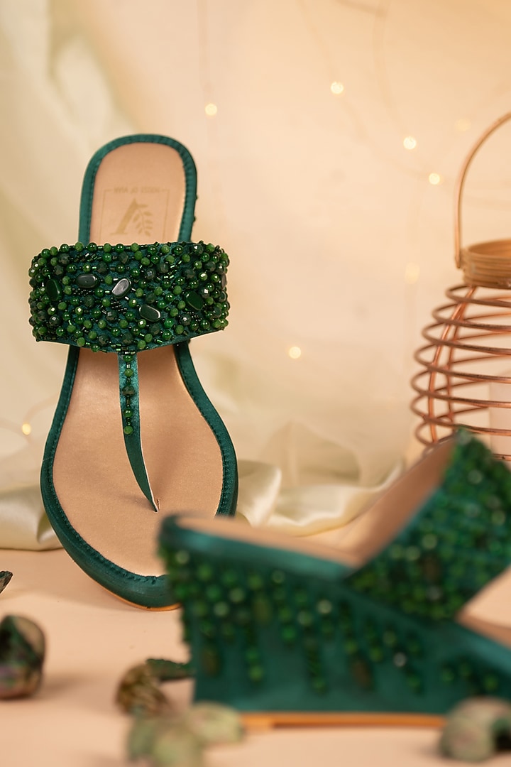Green Embroidered Wedge Heels by House of Vian at Pernia's Pop Up Shop