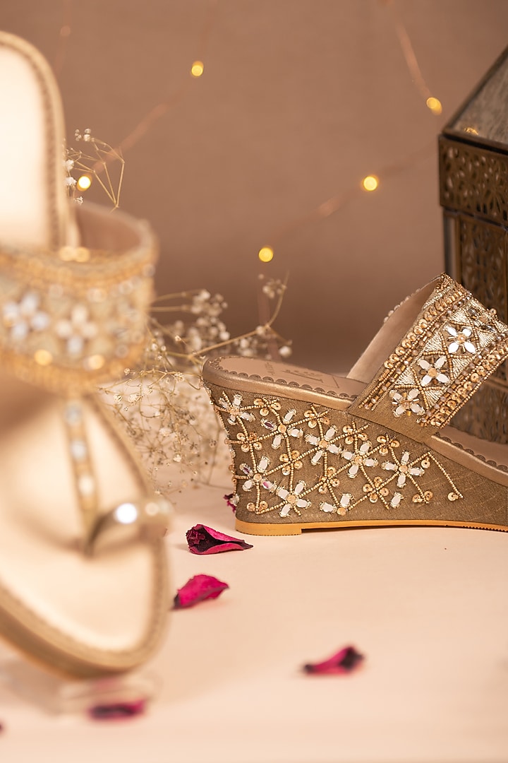 Gold Embroidered Wedges by House of Vian at Pernia's Pop Up Shop