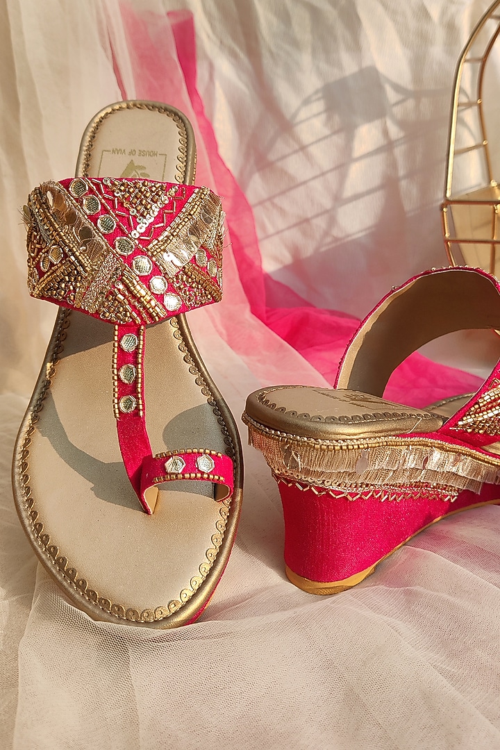 Pink Embroidered Wedges by House of Vian at Pernia's Pop Up Shop