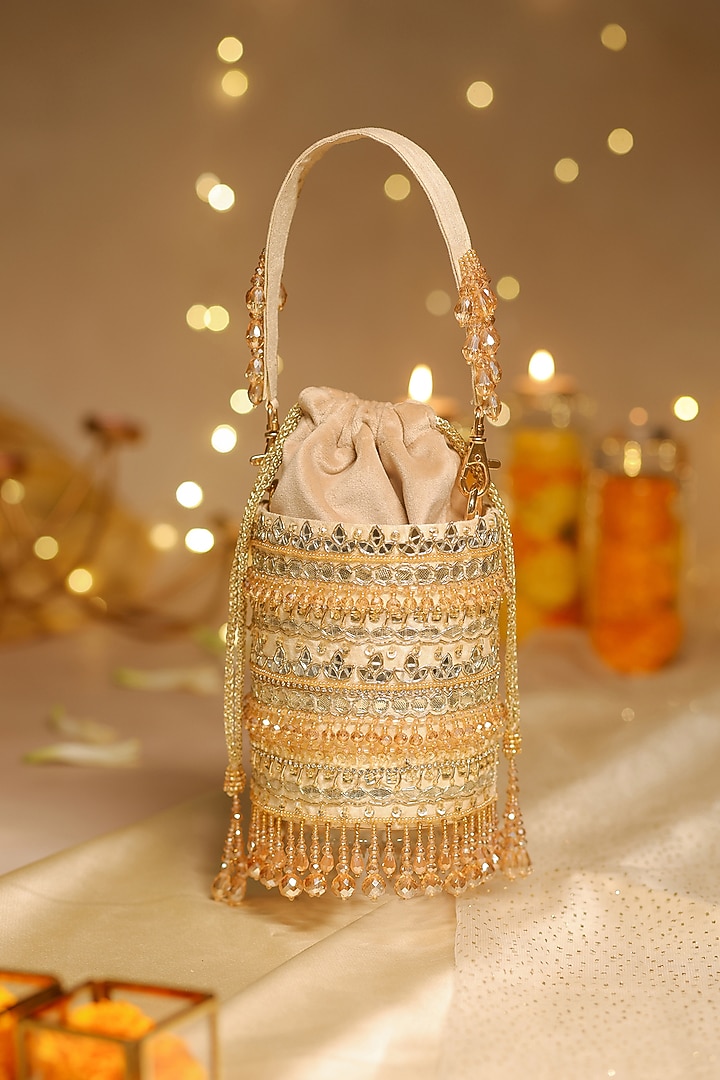 Gold Dupion Mirror Hand Embroidered Bucket Potli Bag by House of Vian at Pernia's Pop Up Shop