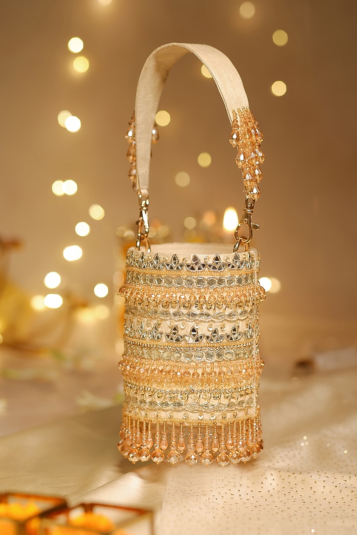 Gold Dupion Mirror Hand Embroidered Bucket Potli Bag by House of Vian at Pernia's Pop Up Shop