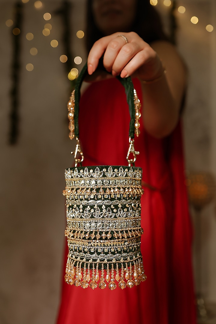 Emerald Green Velvet Mirror Hand Embroidered Bucket Potli Bag by House of Vian at Pernia's Pop Up Shop