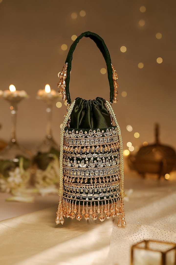Emerald Green Velvet Mirror Hand Embroidered Bucket Potli Bag by House of Vian at Pernia's Pop Up Shop