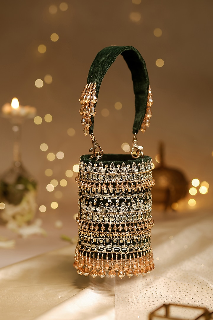 Emerald Green Velvet Mirror Hand Embroidered Bucket Potli Bag by House of Vian at Pernia's Pop Up Shop