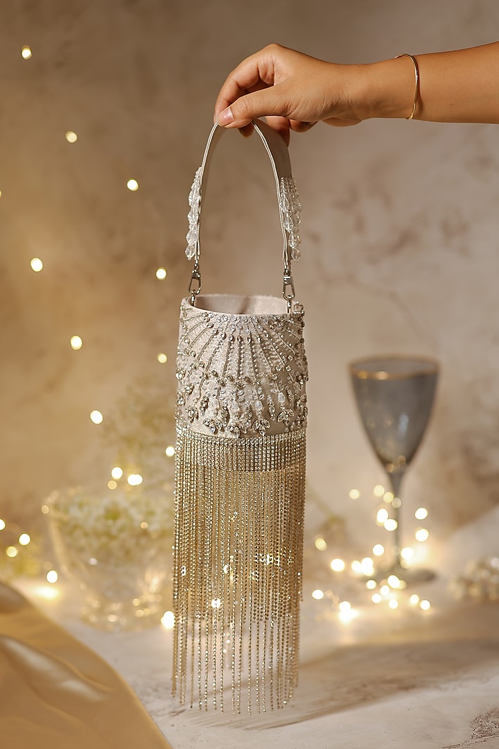 Silver Shimmer Crepe Crystal Embroidered Bucket Potli Bag by House of Vian at Pernia's Pop Up Shop