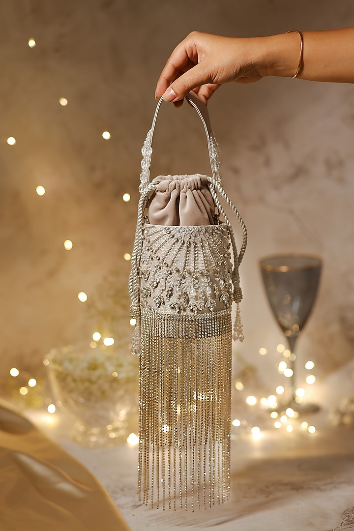Silver Shimmer Crepe Crystal Embroidered Bucket Potli Bag by House of Vian  at Pernia's Pop Up Shop