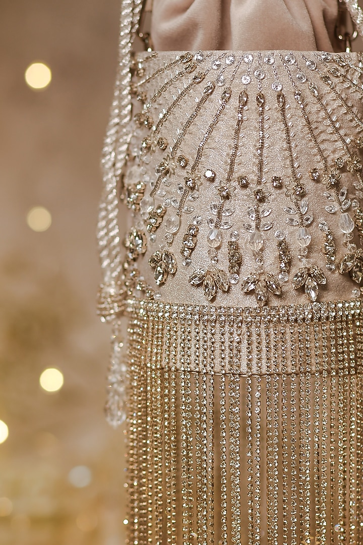 Silver Shimmer Crepe Crystal Embroidered Bucket Potli Bag by House of Vian at Pernia's Pop Up Shop