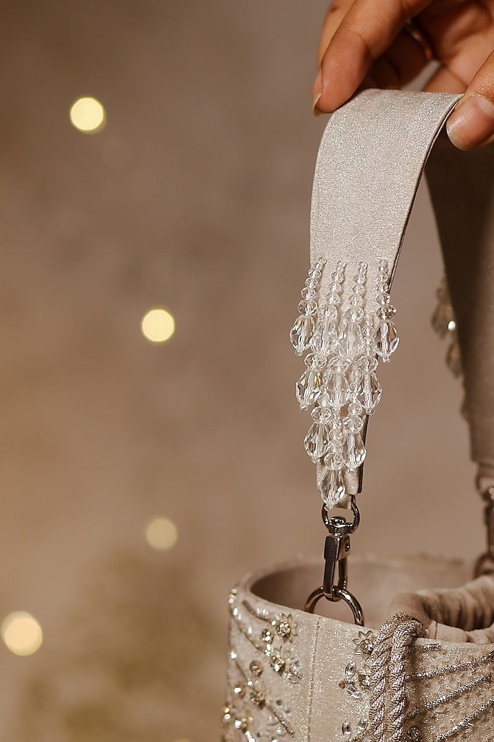 Silver Shimmer Crepe Crystal Embroidered Bucket Potli Bag by House