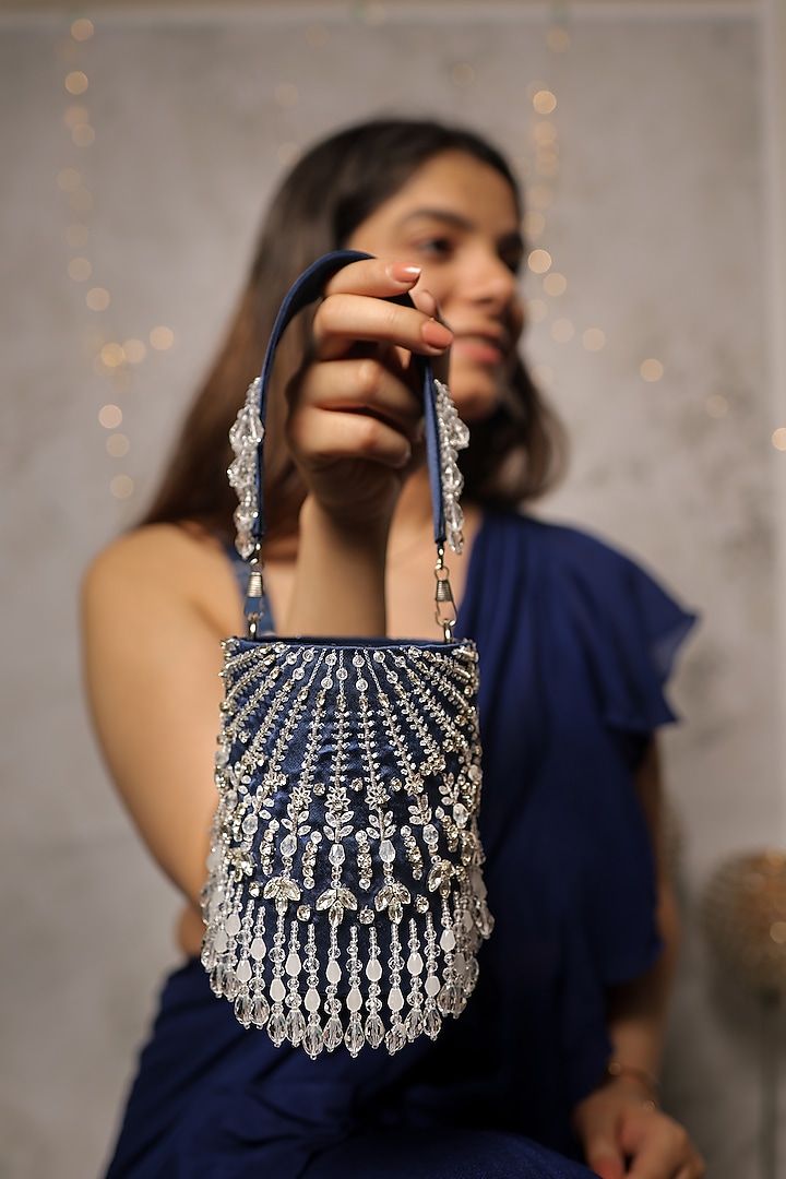 Blue Satin Crystal Embroidered Bucket Potli Bag by House of Vian at Pernia's Pop Up Shop
