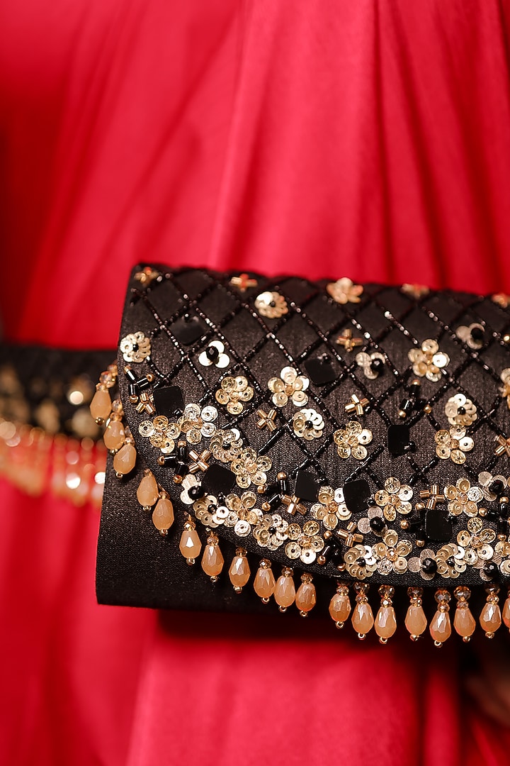 Black Dupion Crystal Embroidered Belt Bag by House of Vian at Pernia's Pop Up Shop
