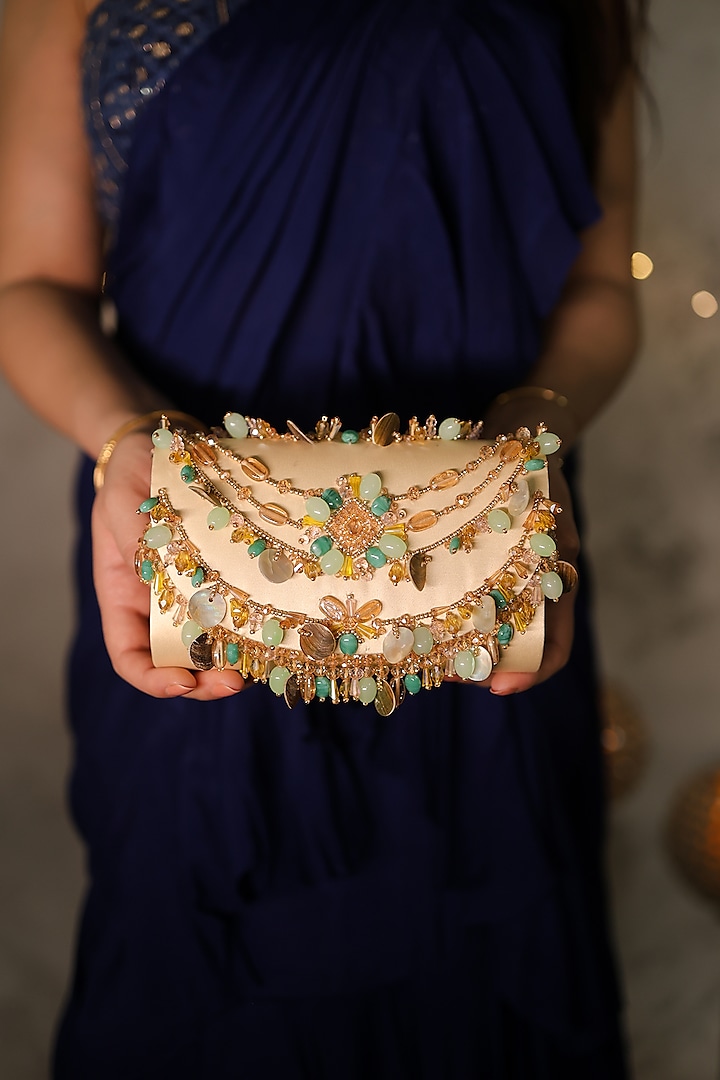 Beige Satin Stone Embroidered Clutch by House of Vian