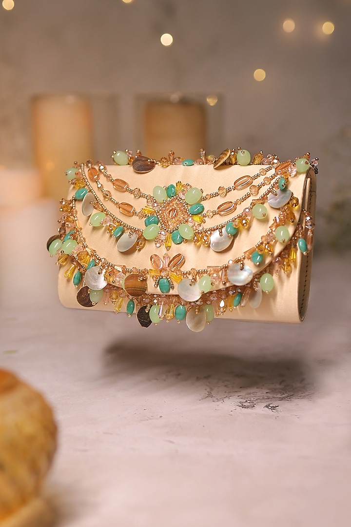 Beige Satin Stone Embroidered Clutch by House of Vian at Pernia's Pop Up Shop