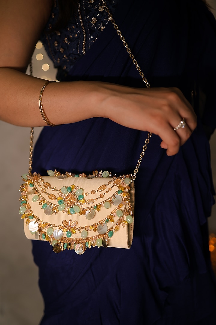 Beige Satin Stone Embroidered Clutch by House of Vian at Pernia's Pop Up Shop