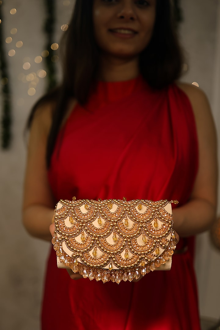 Beige Satin Bead Scalloped Embroidered Clutch by House of Vian