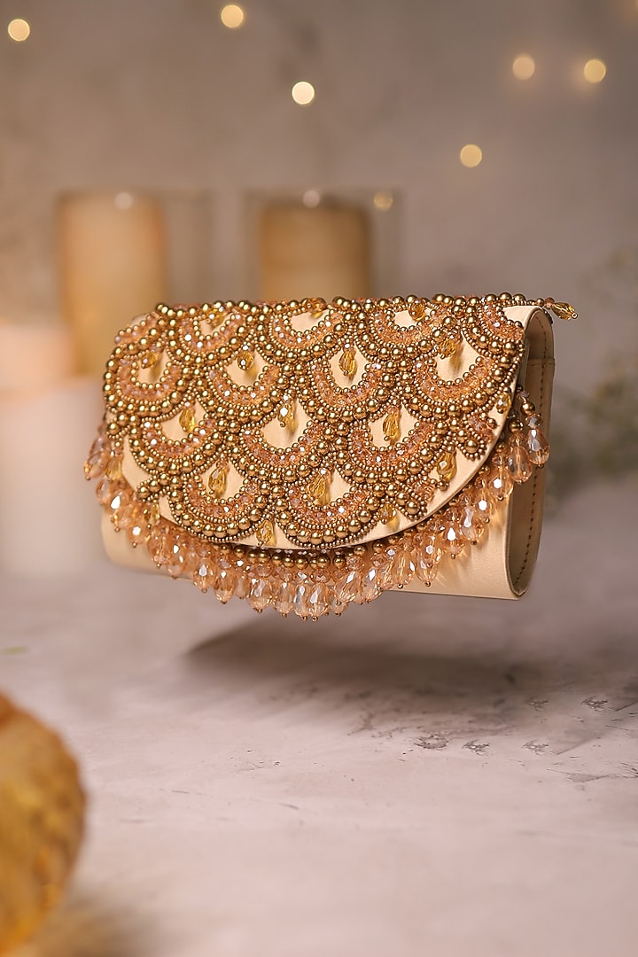 Beige Satin Bead Scalloped Embroidered Clutch by House of Vian at Pernia's Pop Up Shop