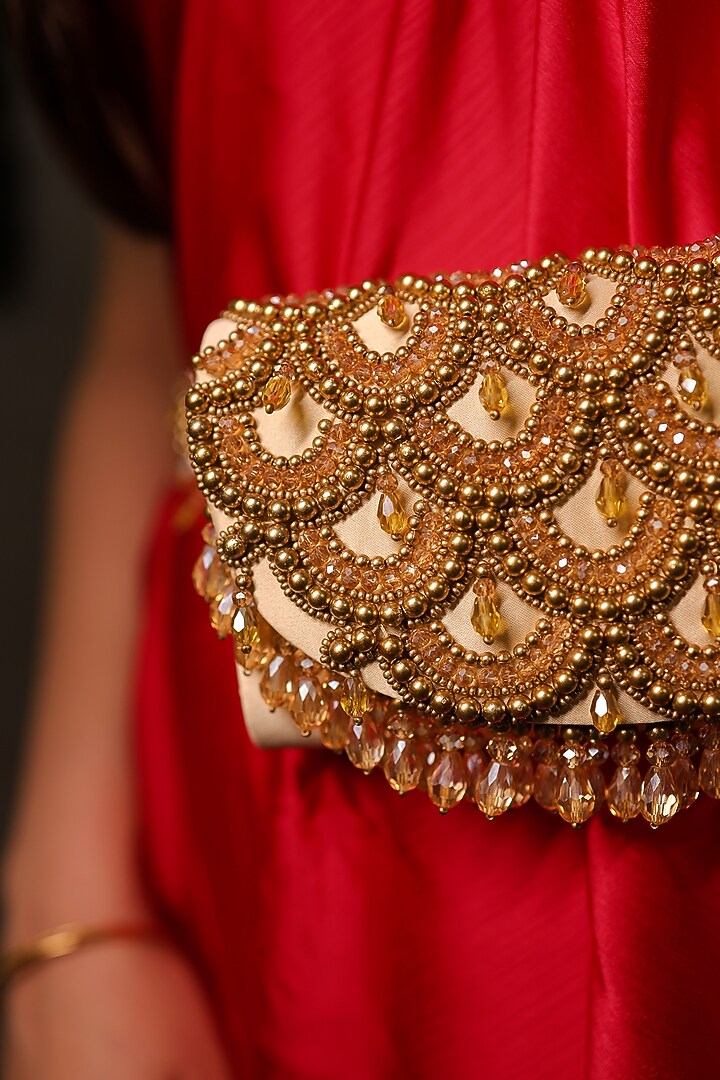 Beige Satin Bead Scalloped Embroidered Clutch by House of Vian at Pernia's Pop Up Shop