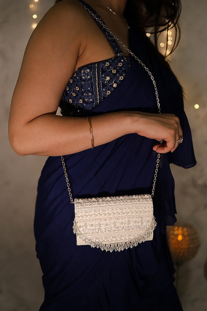 White Satin Crystal Embroidered Clutch Bag by House of Vian
