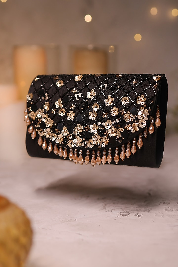 Black Dupion Floral Embroidered Clutch Bag by House of Vian at Pernia's Pop Up Shop