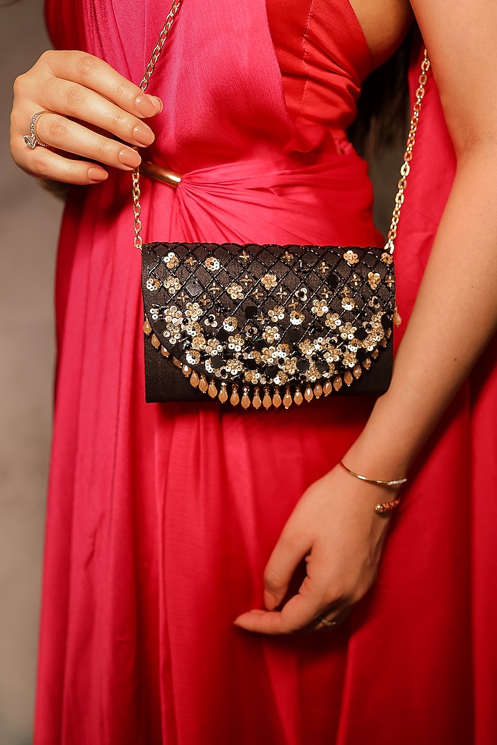 Black Dupion Floral Embroidered Clutch Bag by House of Vian at Pernia's Pop Up Shop