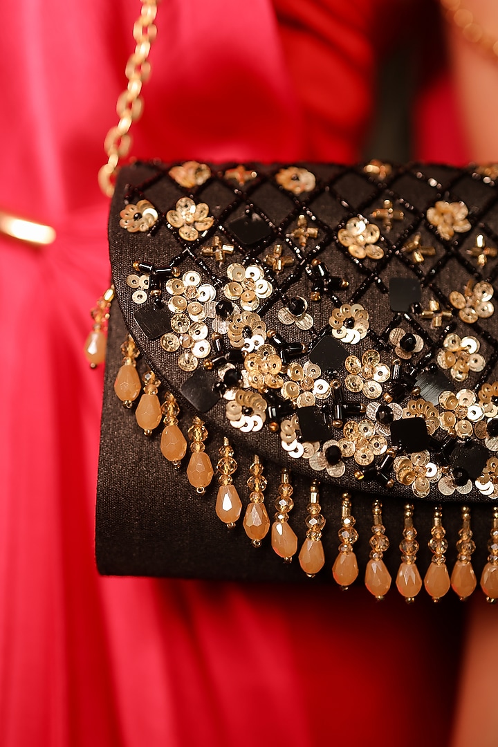 Black Dupion Floral Embroidered Clutch Bag by House of Vian at Pernia's Pop Up Shop