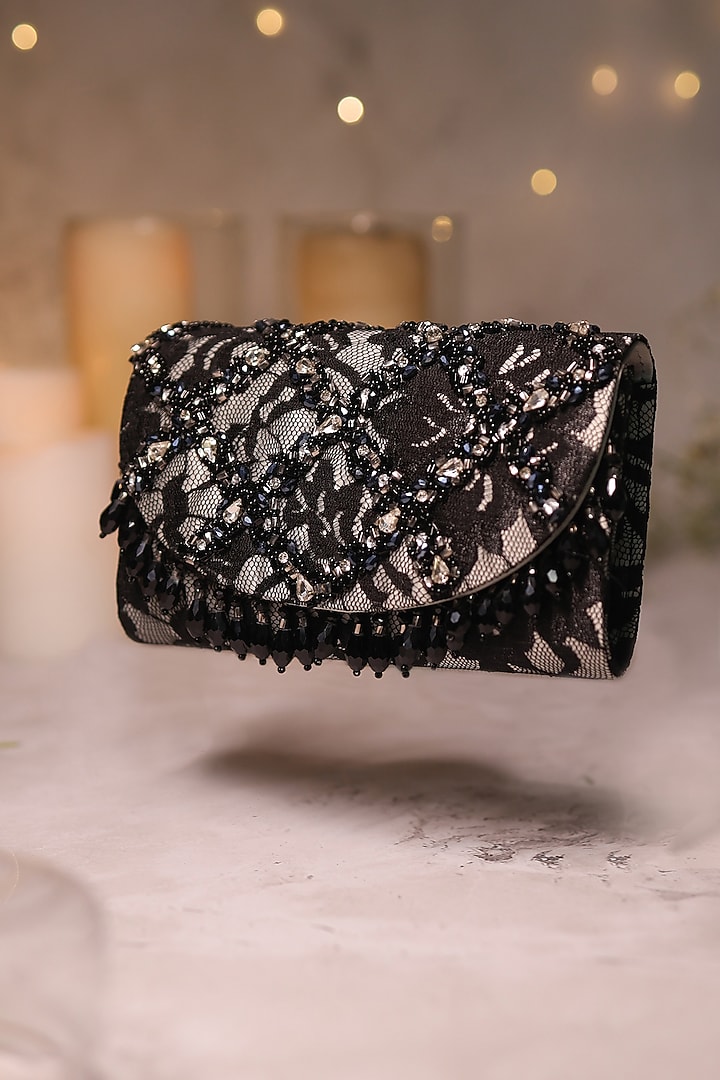 Black Chantilly Crystal Embroidered Clutch Bag by House of Vian at Pernia's Pop Up Shop