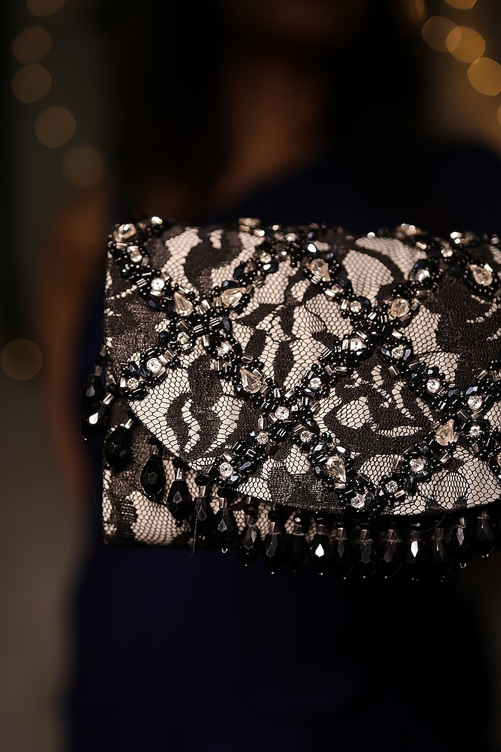 Black Chantilly Crystal Embroidered Clutch Bag by House of Vian at Pernia's Pop Up Shop