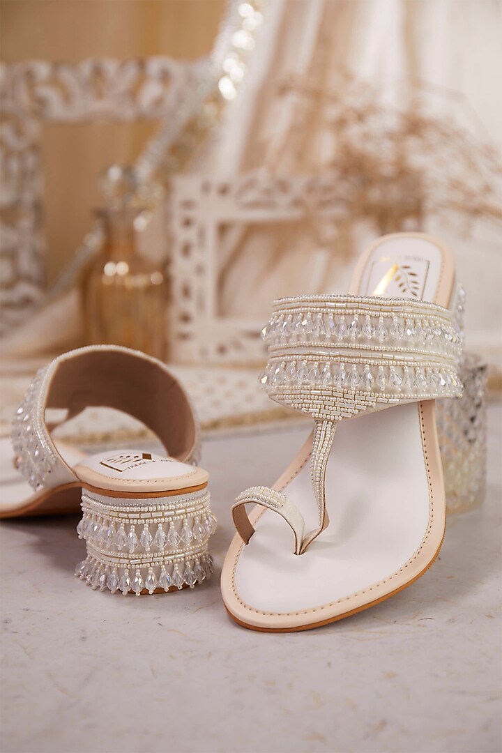 White Silk Dupion Crystal Tassel & Cutdana Work Block Heels by House of Vian at Pernia's Pop Up Shop
