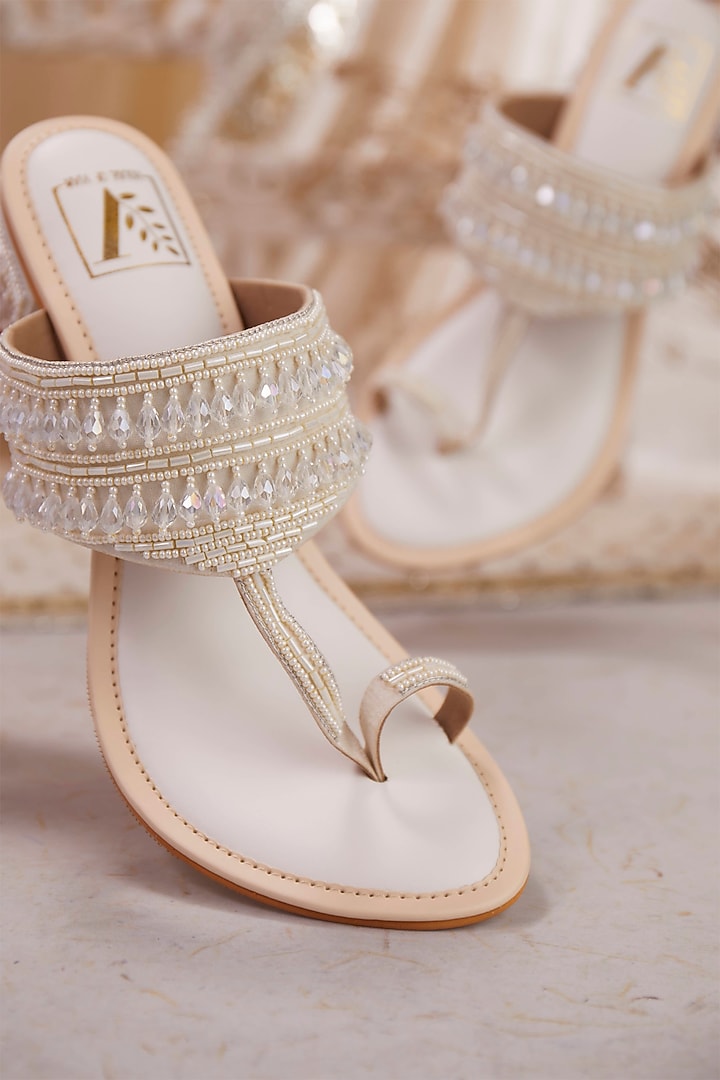 White Silk Dupion Crystal Tassel & Cutdana Work Block Heels by House of Vian at Pernia's Pop Up Shop
