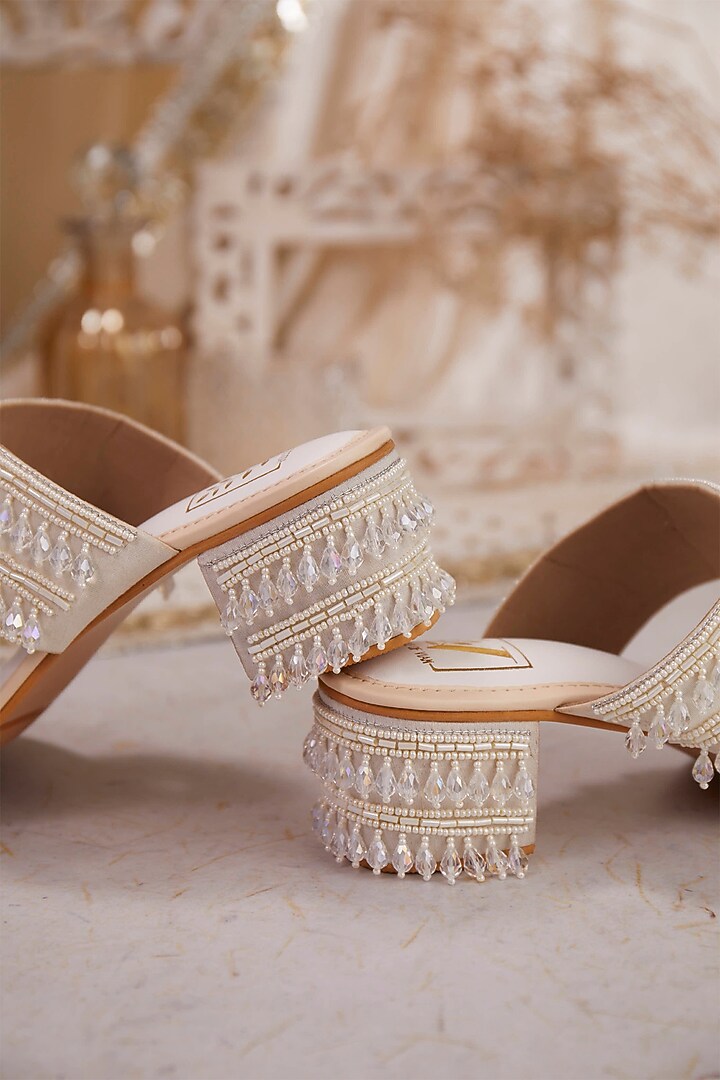 White Silk Dupion Crystal Tassel & Cutdana Work Block Heels by House of Vian at Pernia's Pop Up Shop