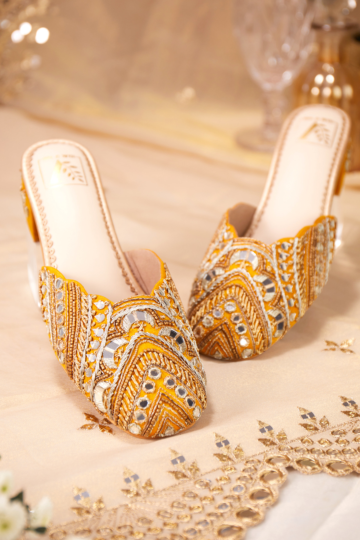Mustard Dupion Silk Mirror Work Mule Heels by House of Vian at Pernia's Pop Up Shop