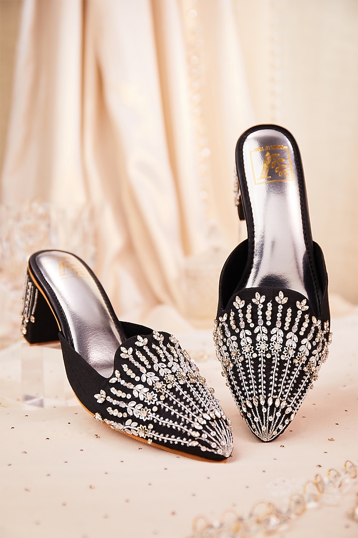 Black Dupion Silk Crystal Embroidered Mule Heels by House of Vian at Pernia's Pop Up Shop