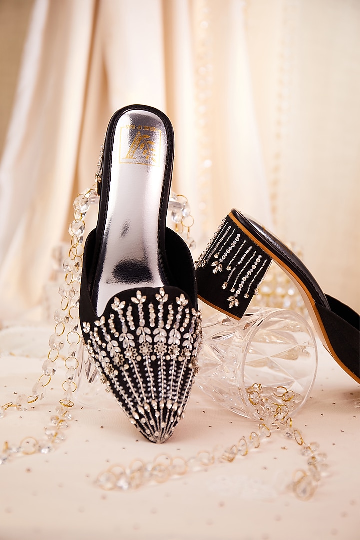 Black Dupion Silk Crystal Embroidered Mule Heels by House of Vian at Pernia's Pop Up Shop
