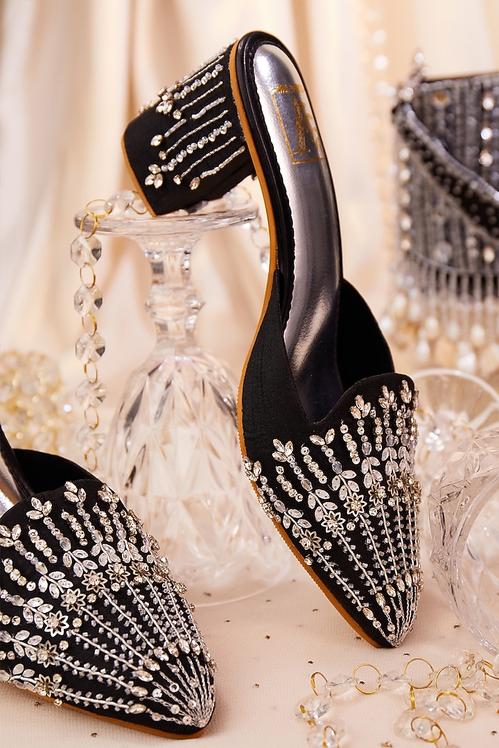 Black Dupion Silk Crystal Embroidered Mule Heels by House of Vian at Pernia's Pop Up Shop