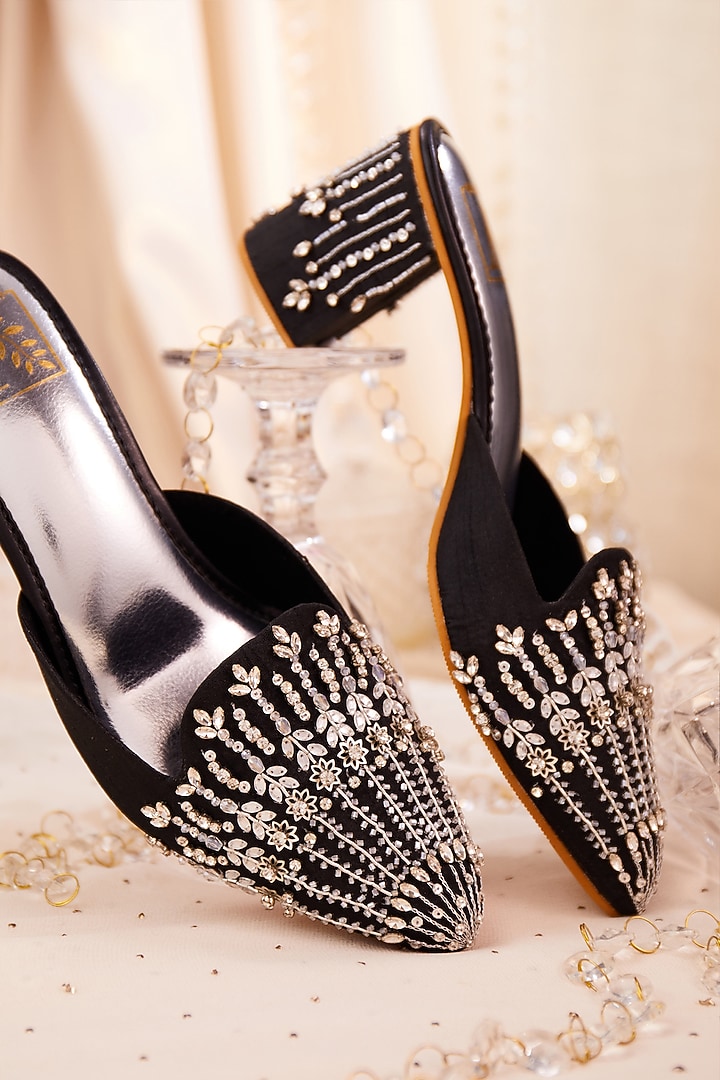 Black Dupion Silk Crystal Embroidered Mule Heels by House of Vian at Pernia's Pop Up Shop
