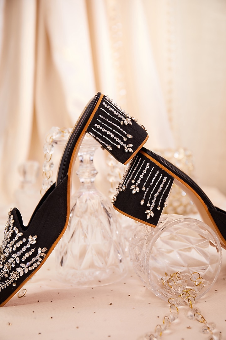 Black Dupion Silk Crystal Embroidered Mule Heels by House of Vian at Pernia's Pop Up Shop