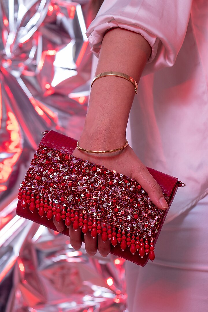 Red Faux Patent Leather Embellished Clutch by House of Vian at Pernia's Pop Up Shop