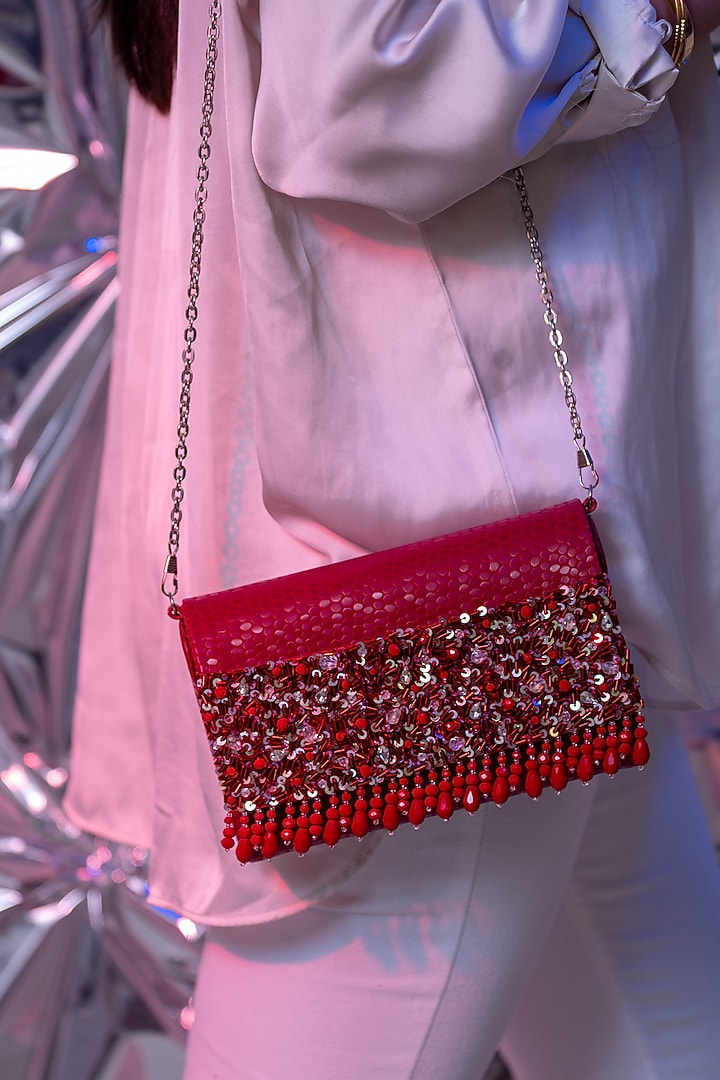 Red Faux Patent Leather Embellished Clutch by House of Vian at Pernia's Pop Up Shop
