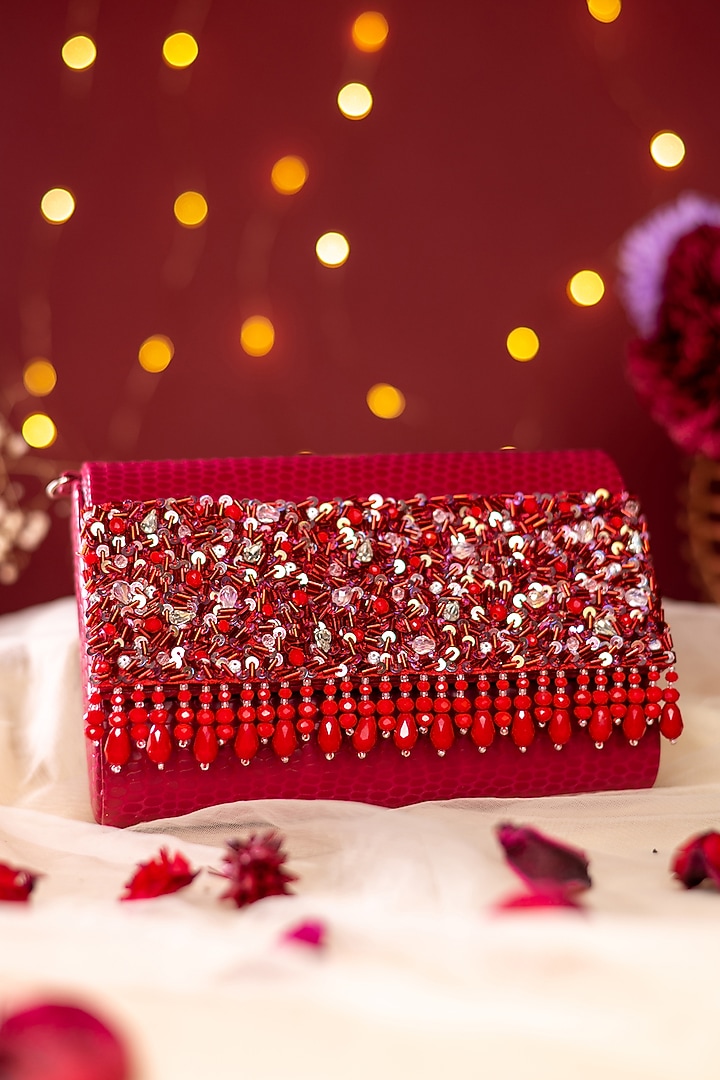 Red Faux Patent Leather Embellished Clutch by House of Vian at Pernia's Pop Up Shop