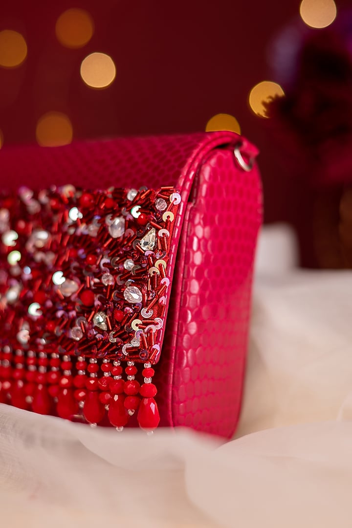 Red Faux Patent Leather Embellished Clutch by House of Vian at Pernia's Pop Up Shop