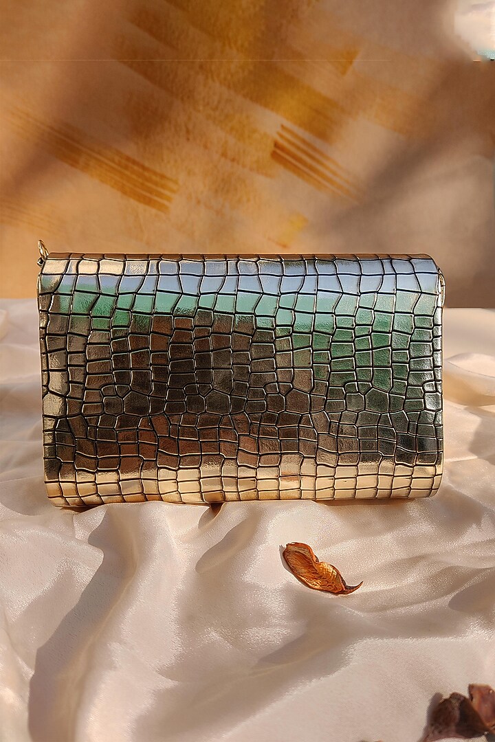 Gold Faux Croc Leather Embellished Clutch by House of Vian at Pernia's Pop Up Shop