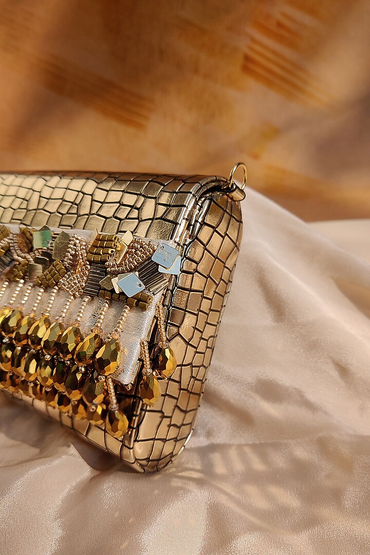 Gold Faux Croc Leather Embellished Clutch by House of Vian at Pernia's Pop Up Shop