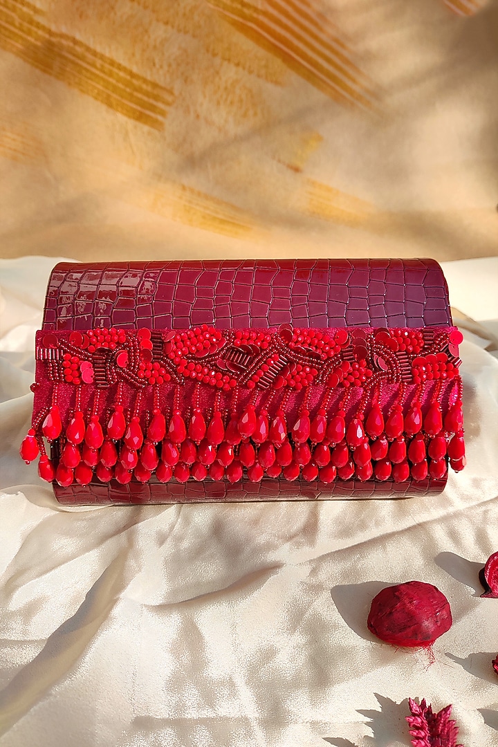 Red Faux Croco Leather Embellished Clutch Design by House of Vian at