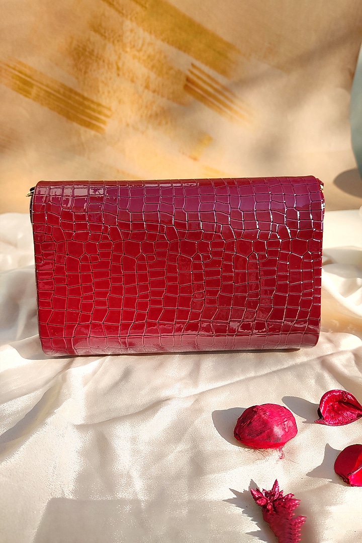 Red Faux Croc Leather Embellished Clutch by House of Vian at Pernia's Pop Up Shop