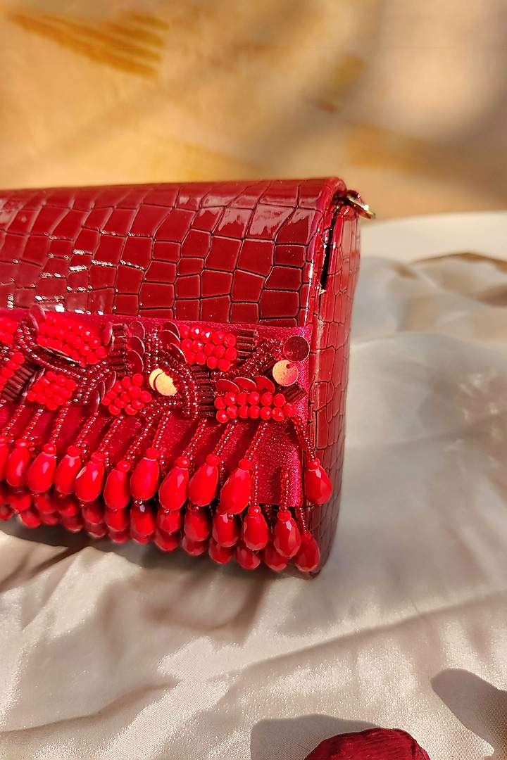 Red Faux Croc Leather Embellished Clutch by House of Vian at Pernia's Pop Up Shop