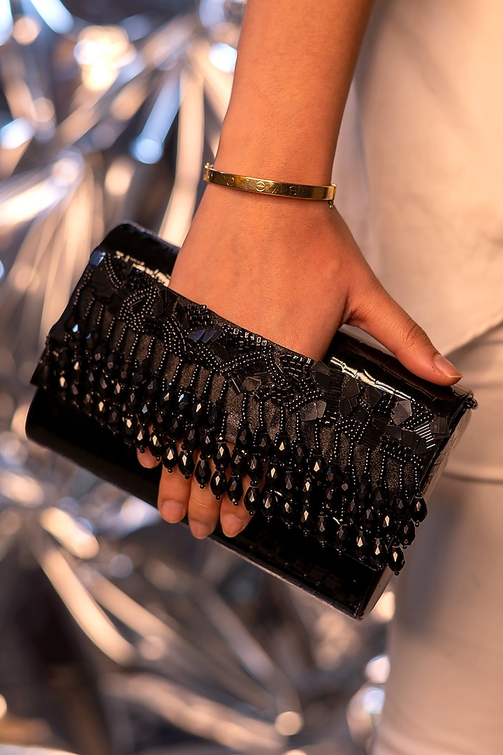 Black Faux Croco Leather Embellished Clutch by House of Vian at Pernia's Pop Up Shop