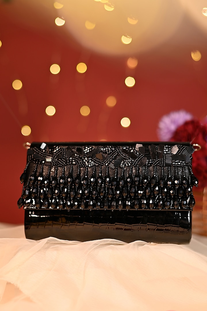 Black Faux Croc Leather Embellished Clutch by House of Vian at Pernia's Pop Up Shop