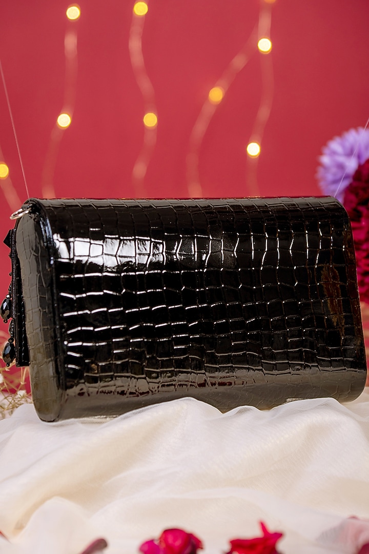 Black Faux Croc Leather Embellished Clutch by House of Vian at Pernia's Pop Up Shop