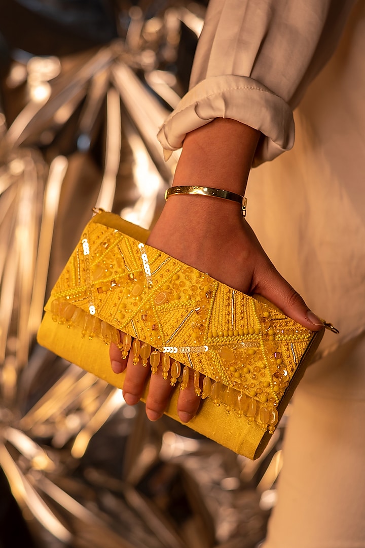 Yellow Dupion Silk Embellished Clutch by House of Vian at Pernia's Pop Up Shop