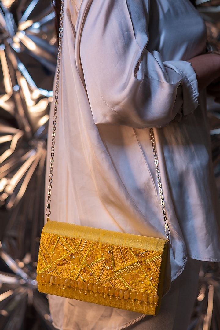 Yellow Dupion Silk Embellished Clutch by House of Vian at Pernia's Pop Up Shop